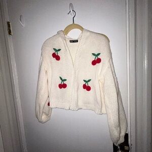 Cream Cardigan with Red Cherry Embroidery